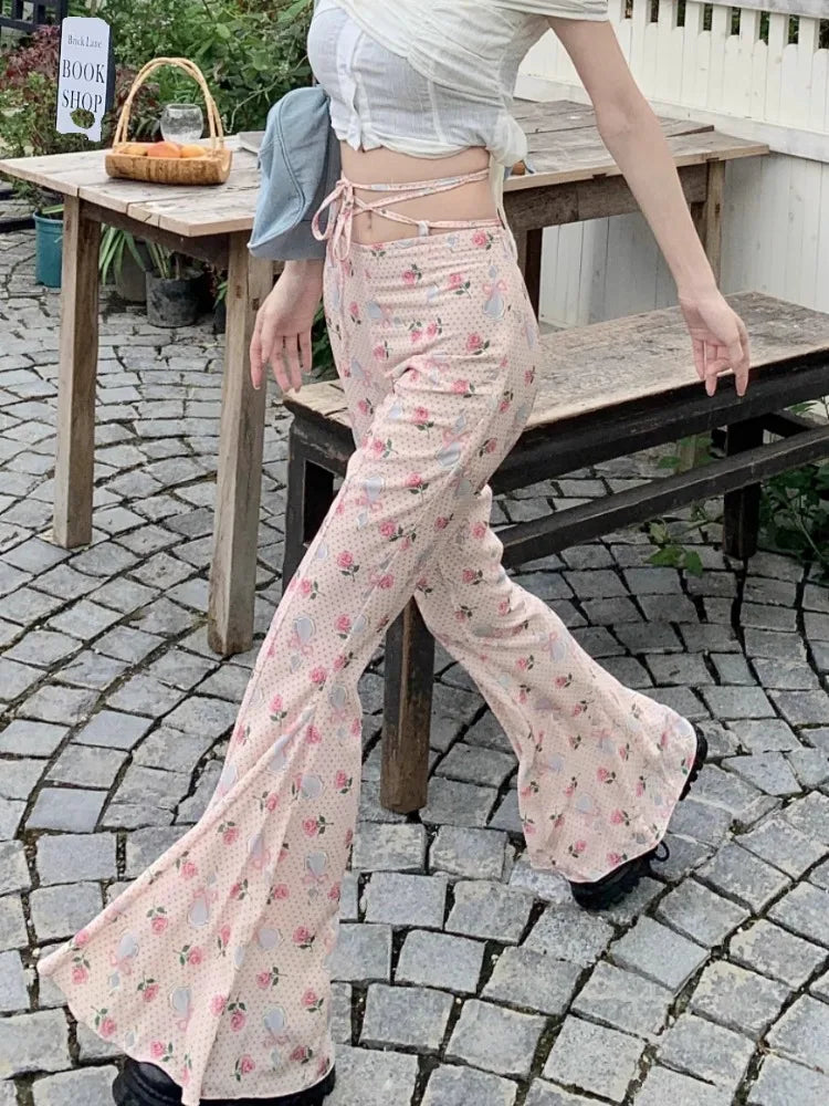 Sweet Floral Print Casual Pants for Women Sumemr Slim Fit Ruffles Flare  Y2k E-Girl High Waist Loose Wide Leg