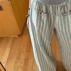 Fashion Vintage Green Striped Straight Trousers 2024 Summer New Wide Leg Pants Y2k Grunge High Waist Loose  for Women