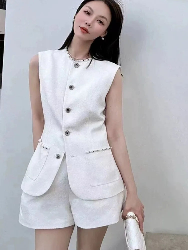 High Quality French Small Fragrance Two Piece Set Women Summer Blazer Vest + Short Suits Elegant Fashion OL 2 Piece Pant Sets