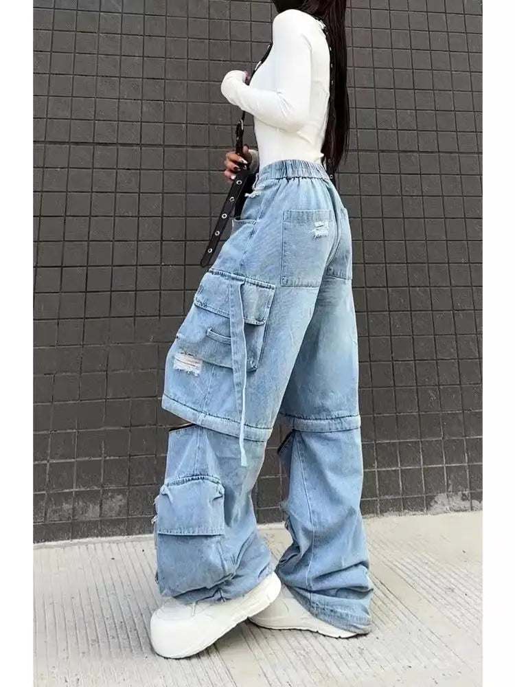 Heavy Duty Multi-pocket High Waist Cargo Pants Women American Retro Fashion Baggy Jeans Women Harajuku Hip-hop Wide-leg Jeans