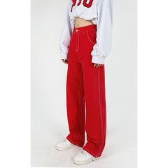 Plus Size Red High Waist Women's Jeans Wide Leg Baggy Chic Design Denim Pants Streetwear Vintage Summer Straight Jean Trouser