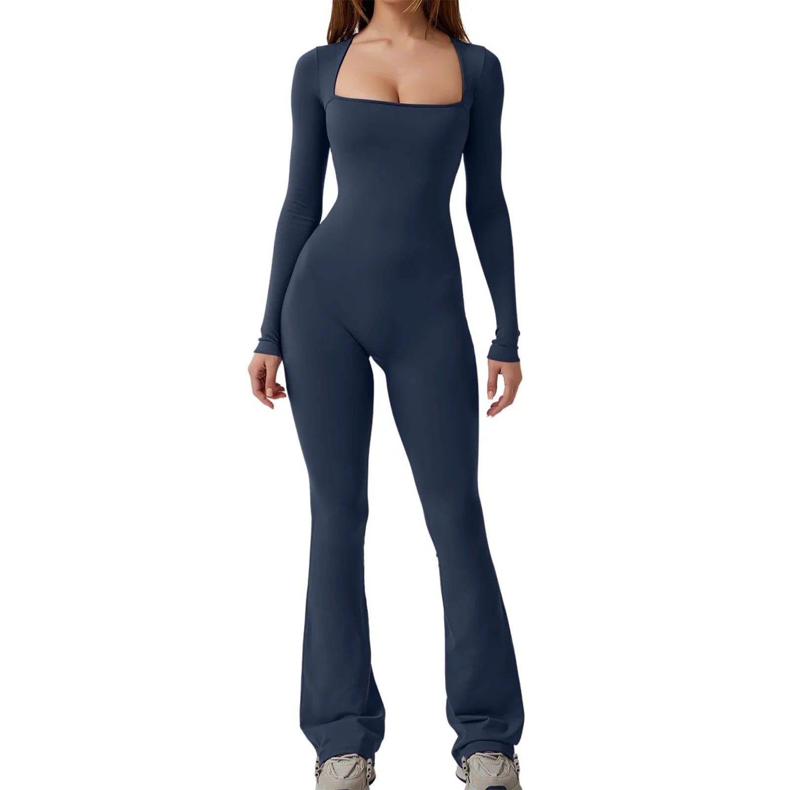 Barbotimer Women s Bodycon Jumpsuit Long Sleeve Square Neck Slim Fit Flared Pants Romper Fall Winter  Playsuit