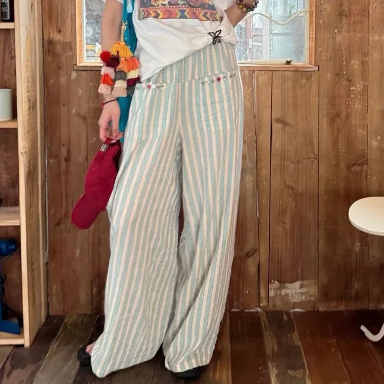 Fashion Vintage Green Striped Straight Trousers 2024 Summer New Wide Leg Pants Y2k Grunge High Waist Loose  for Women