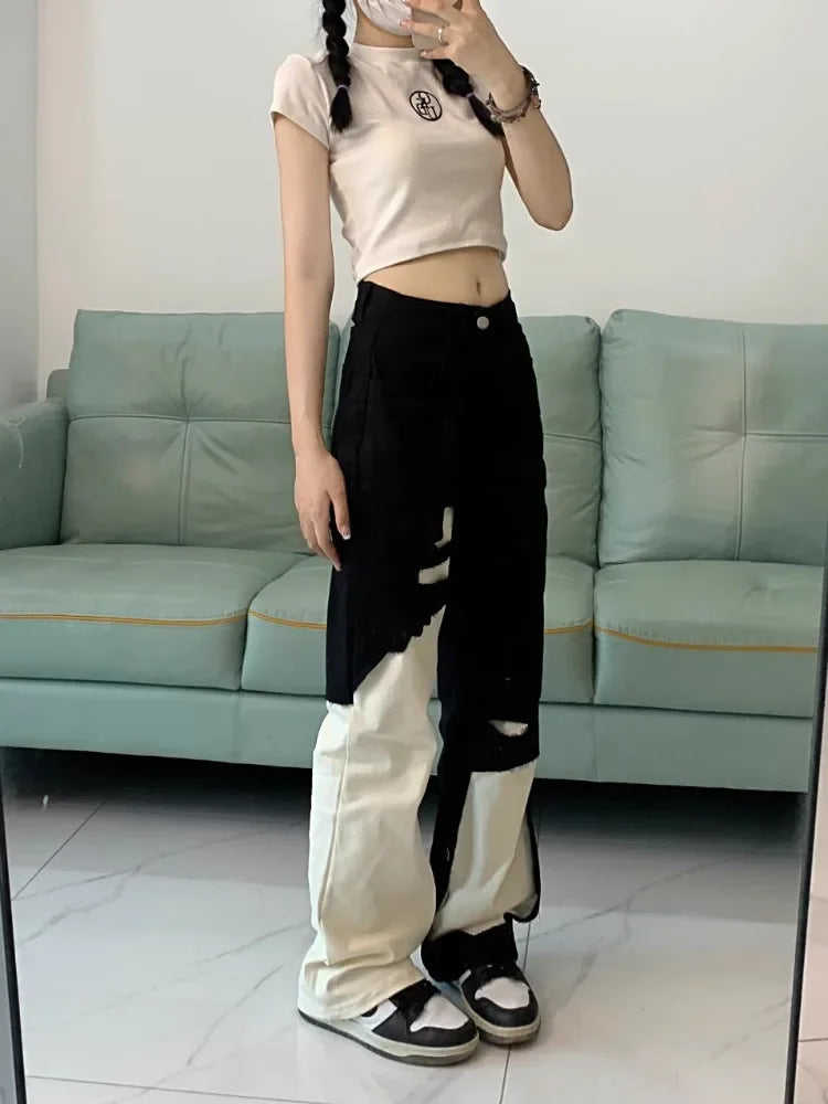 Trend Street Black White Denim Pants Women Y2k E-Girl High Waist Irregular Trousers Summer Loose Straight Wide Leg  Jeans