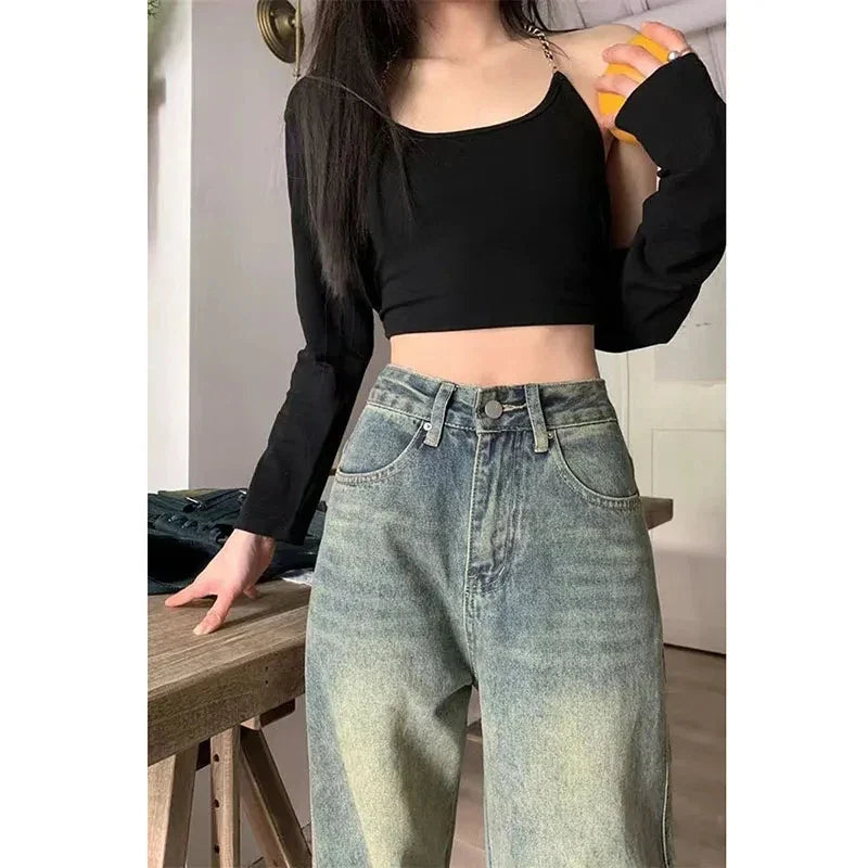 Y2K Baggy Casual Wide Leg Jeans Women Streetwear All-Match Washed Denim Trousers Female Vintage 90S High Waist Straight Pants