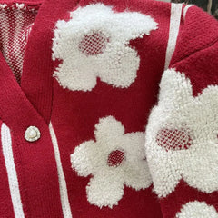 Daisy Flower Applique Red Cardigan