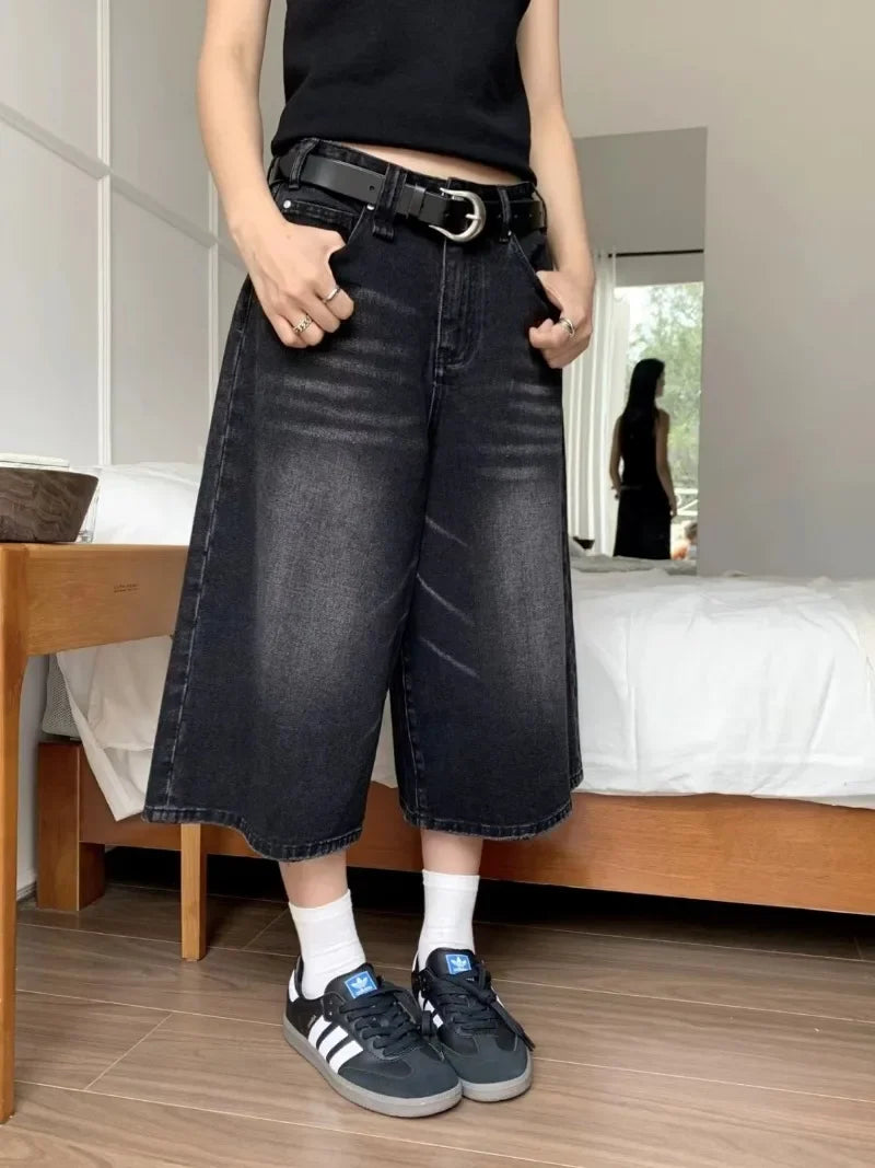 2024 Y2k Retro Women Low Rise Jorts Brushed Black Wash Cropped Baggy Jeans Wide Leg Frayed Denim Short Pants Acubi Fashion