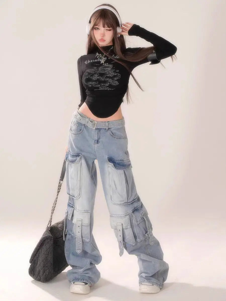 Washed Multi-pocket Wide-leg Jeans for Women American Retro Fashion Street Overalls Harajuku Y2k Hot Girl Floor-length Pants