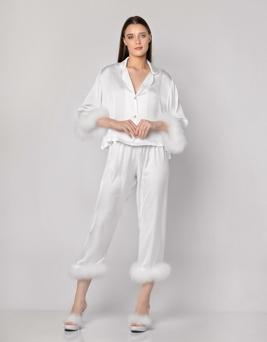 2023 Summer Feather Fashion Ladies Pajamas Nine Points Sleeve Pants Two Piece Silk Homewear Women