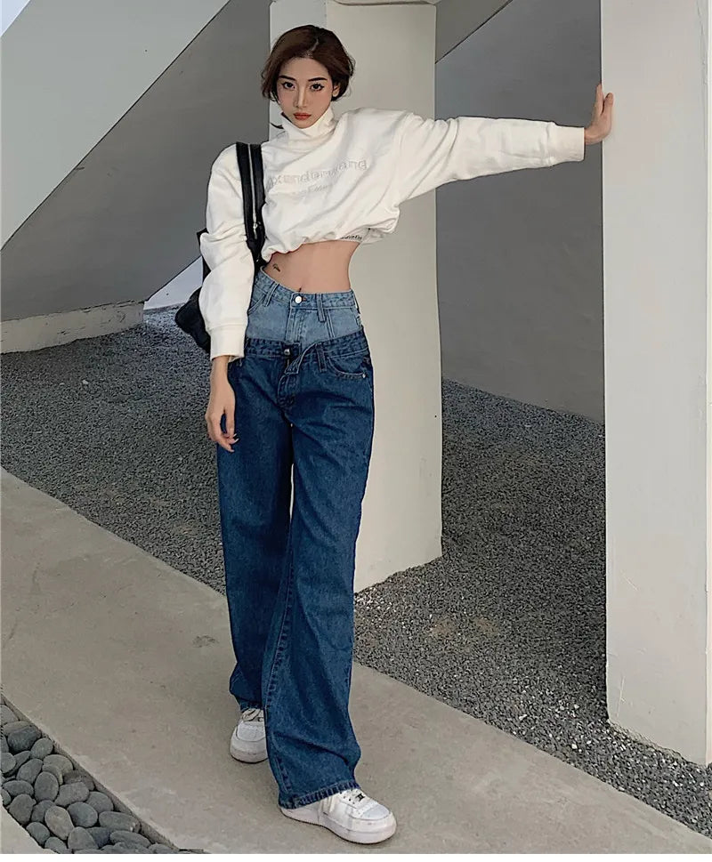 Stylish Fake Two Piece Jeans Women Patchwork Daddy Pants Female Baggy Jeans American Fashion Vintage Denim Pants Trousers Street