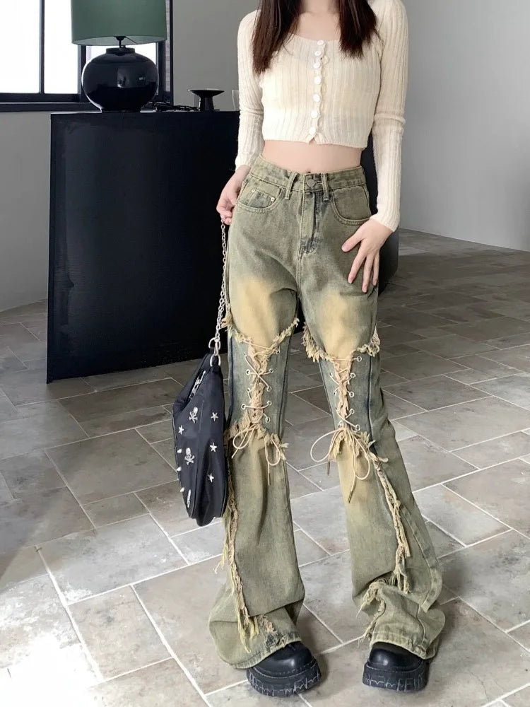 Oversize American Retro Straight Casual Pants Y2k Grunge High Waist Loose Wide Leg  2024 New Bell Bottom Jeans Women