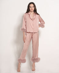 2023 Summer Feather Fashion Ladies Pajamas Nine Points Sleeve Pants Two Piece Silk Homewear Women