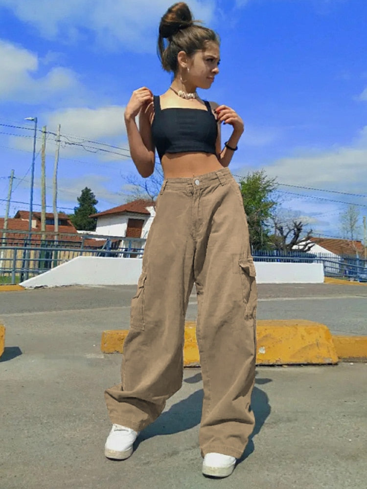 fall outfit Y2k High Waist Baggy Jeans Vintage Khaki Loose Streetwear Casual Cargo Pants Women Oversized Streetwear Straight Trousers