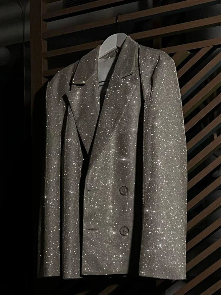 Party Sliver Glitter Three Piece Blazer Sets For Women Fashion Clubwear Sparkly Bra And Pants 2 Piece Mathcing Set New