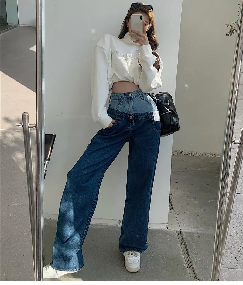 Stylish Fake Two Piece Jeans Women Patchwork Daddy Pants Female Baggy Jeans American Fashion Vintage Denim Pants Trousers Street