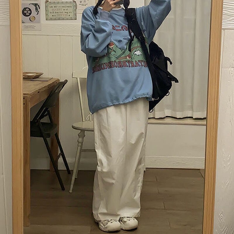 Back to college Casual Pants Women Elastic Waist Harajuku Trousers Tooling Unisex All-Match Wide Leg Baggy Retro Bottoms Students Japanese Style