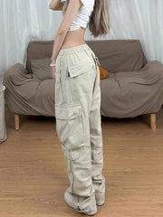 Y2k Big Pocket Cargo Pants Women Streetwear Straight Wide Leg Trousers Vintage Design Side Zipper Drawtring Baggy Pants