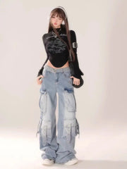 Washed Multi-pocket Wide-leg Jeans for Women American Retro Fashion Street Overalls Harajuku Y2k Hot Girl Floor-length Pants