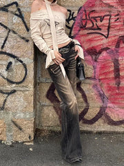 American Retro Low-rise Ruined Rivet Flared Jeans Fashionable Street Wide Leg Pants New Y2k Hot Girl Floor Mopping Pants