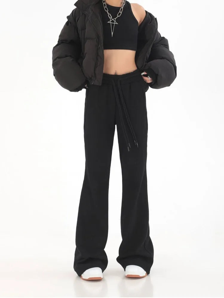 Vintage Black Boot Cut Pants Women Chic High Waist Drawstring Casual Sweatpants Korean Style Cleanfit Design Long Pants