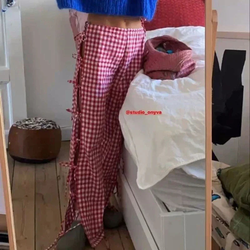 Kawaii Side Tie-Up Hollow-Out Loose Trousers Plaid Wide Leg Pants Casual Sweatpants Lounge Bottoms Y2K Vintage Pants Streetwear