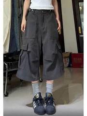 Oversize American High Street Retro Pocket Cargo Shorts 2024 Summer New Wide Leg Pants Y2k Loose Straight Calf- Length