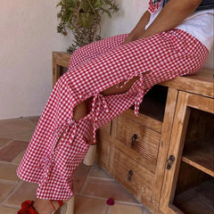 Kawaii Side Tie-Up Hollow-Out Loose Trousers Plaid Wide Leg Pants Casual Sweatpants Lounge Bottoms Y2K Vintage Pants Streetwear