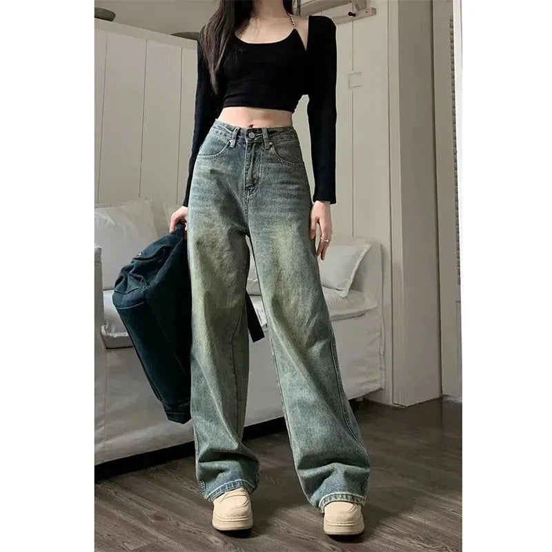 Y2K Baggy Casual Wide Leg Jeans Women Streetwear All-Match Washed Denim Trousers Female Vintage 90S High Waist Straight Pants