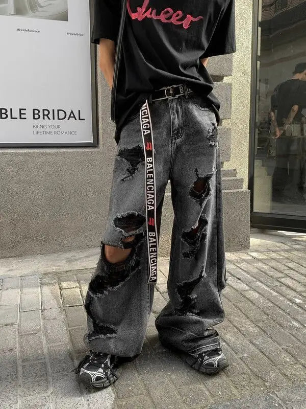 Distressed Black Washed Denim Jeans American Style Retro Wide Leg Pants for Men and Women Harajuku Style Hip Hop Trousers