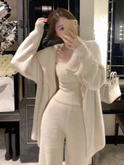 Winter Warm Solid Three-piece Suit Women Long Knitted Cardigan + Camisole + Wide Leg Pants Elegant Korean Chic Loose Outwear