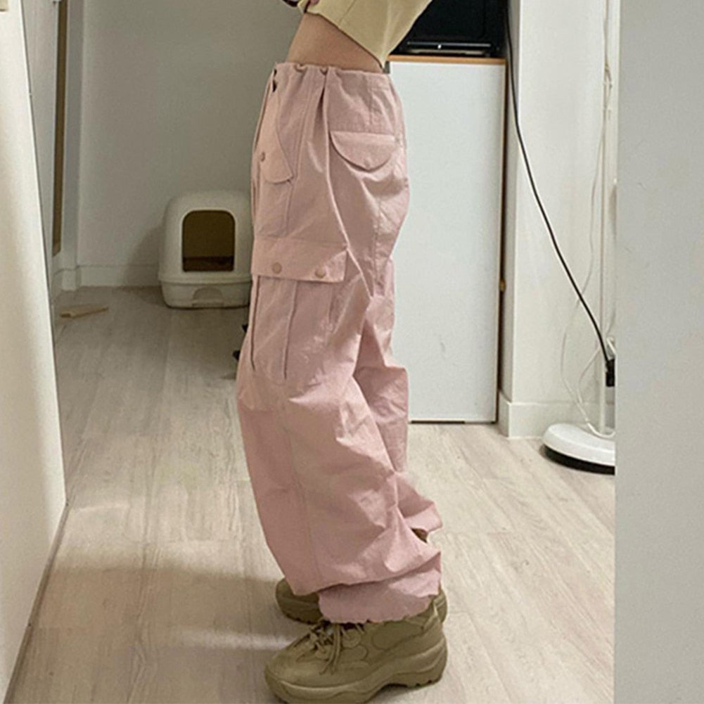 Women Baggy Trousers Low Waist Joggers Cargo Pants Y2K Pockets Wide Leg Pants Fashion Loose Drawstring Streetwear Trousers