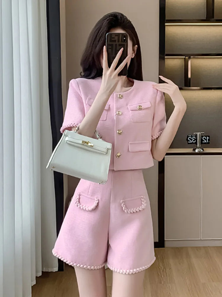 High Quality French Fashion Small Fragrant Two Piece Set For Women Summer Jacket Coat + Short Set Korean Sweet 2 Piece Pant Sets