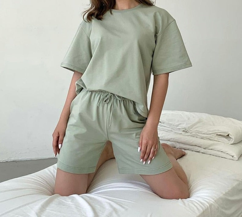 Back to college  Summer 100% Cotton Sets Women New Casual Loose Two Pieces Short Sleeve T Shirts And High Waist Short Pants Suits