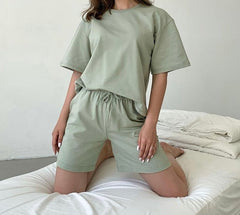 Back to college  Summer 100% Cotton Sets Women New Casual Loose Two Pieces Short Sleeve T Shirts And High Waist Short Pants Suits