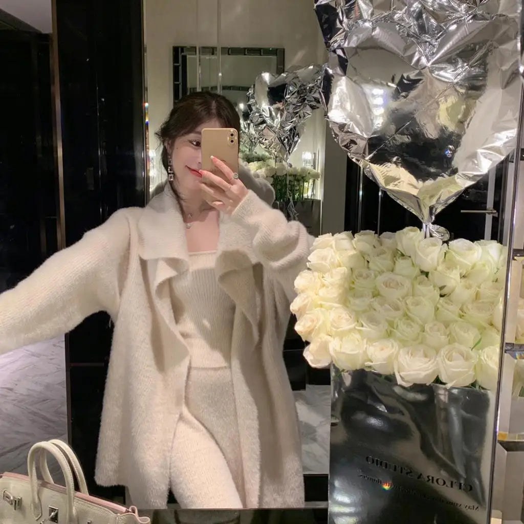 Winter Warm Solid Three-piece Suit Women Long Knitted Cardigan + Camisole + Wide Leg Pants Elegant Korean Chic Loose Outwear