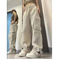 American Y2K White Vintage Cargo Jeans Fashion Pocket High Waist Straight Pants High Street Baggy Wide Leg Denim Trouser Ladies