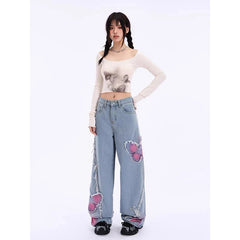 Blue Butterfly Mop Baggy Jeans Women's Vintage 90s Aesthetic Clothes Y2k Denim Trousers 2000s Harajuku Wide Leg Pants Female