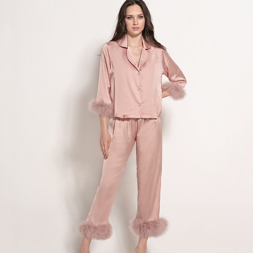 2023 Summer Feather Fashion Ladies Pajamas Nine Points Sleeve Pants Two Piece Silk Homewear Women