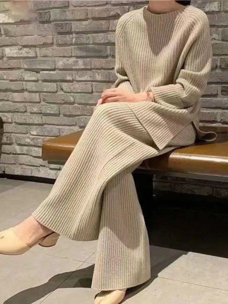 Solid Long Sleeve  Knitted Casual 2-piece Sweater Loose Fitting Sweater Wide Leg Pants Set Women Fall Outfit 2023