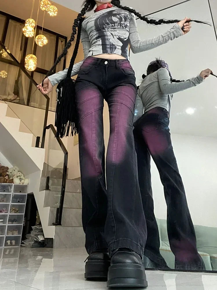 American Style Black Purple Denim Pants Y2k E-Girl Vintage High Waist  Flare  Autumn New Tie Dye Straight Trousers