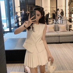 Korean Fashion Summer Pleated Skirt 2 Piece Set Women Elegant Sleeveless Button Tops+Wide Leg Pants Suits Y2k Casual Outfits