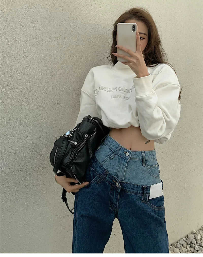 Stylish Fake Two Piece Jeans Women Patchwork Daddy Pants Female Baggy Jeans American Fashion Vintage Denim Pants Trousers Street