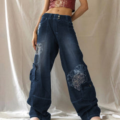 Retro Graphic Print Y2K Baggy Jeans Grunge High Waist Cargo Denim Trousers Streetwear Casual Sweatpants Pantalon Pour Femme