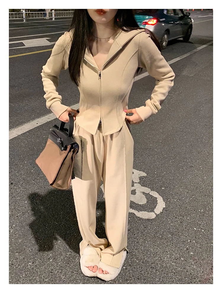 Autumn Y2k Two Piece Tracksuit Women Hoodies Zipper Jacket High Waist Wide Leg Pants Suit Korean Fashion High Street Slim Outfit