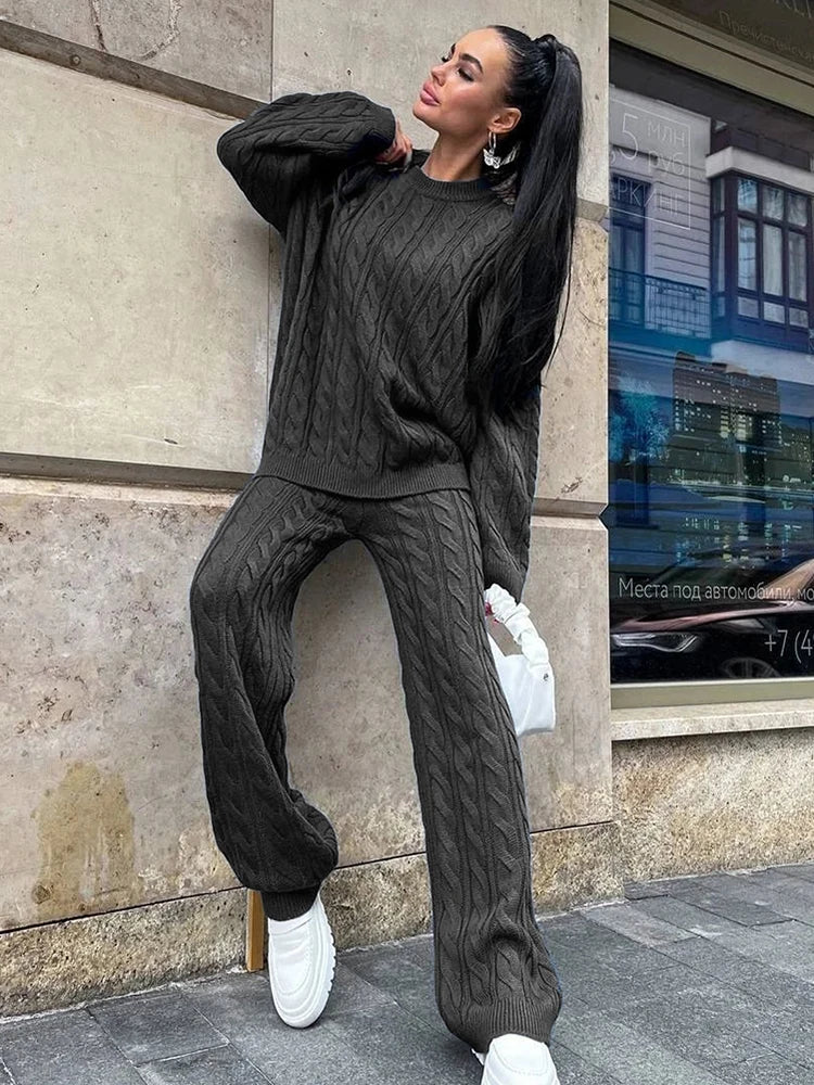 Autumn Knit Outfits Women Two Piece Sets Rib Loose Pullover And Wide Legs Pants Streetwear Sweater Suit Matching Sets