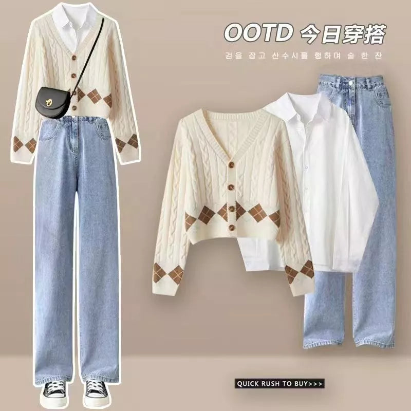 2023 Winter Korean Popular Loose Long Sleeve Shirt Knitted Sweater Casual Wide Leg Pants Three Piece Elegant Women's Pants Set
