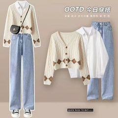 2023 Winter Korean Popular Loose Long Sleeve Shirt Knitted Sweater Casual Wide Leg Pants Three Piece Elegant Women's Pants Set