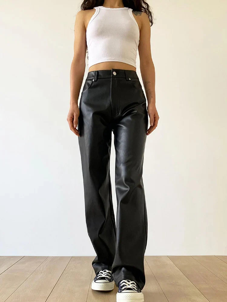 Vintage Women Pu Pants High Waist Black Faux Leather Loose Y2K Trousers Streetwear Female 90S Pants New