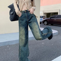 Blue Washed Rivet Straight High Waist Jeans For Women American Retro Fashion Loose Wide Leg Pants Harajuku Hip Hop Y2k Trousers