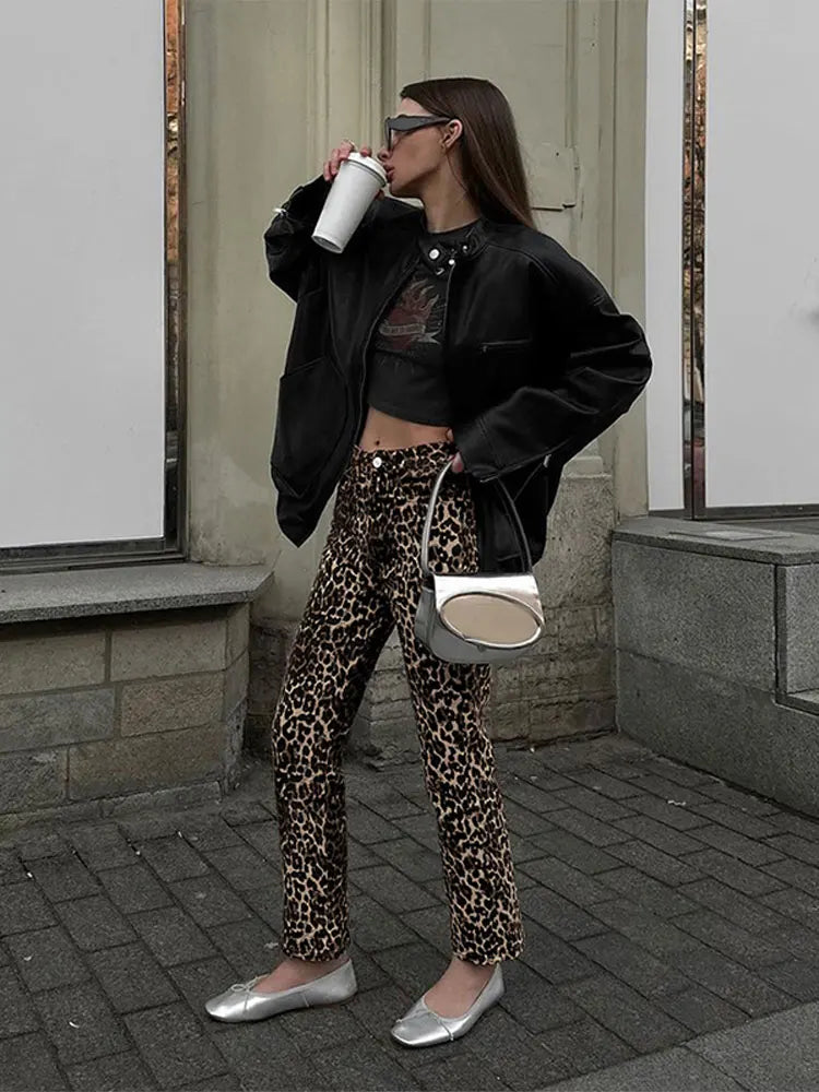 Vintage Leopard Print Pencil Pants For Women Fashion Casual High Waist Buttons Pant Autumn New Lady High Street Commute Trousers